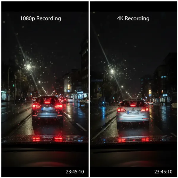Comparison of 4K and 1080p dash cam footage at night, highlighting license plate readability differences.