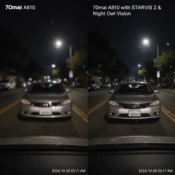Dash cam footage showcasing the 70mai A810's clear night vision, with legible license plates.