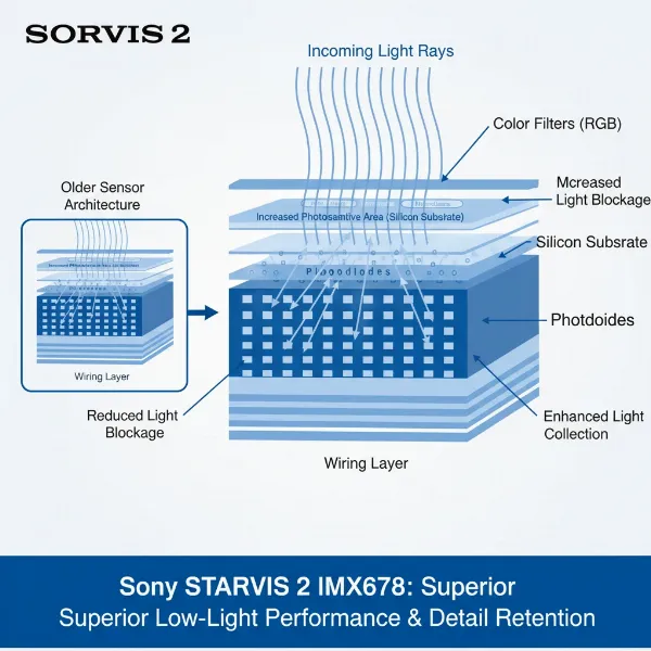 A visual representation of the Sony STARVIS 2 sensor technology's enhanced light sensitivity.