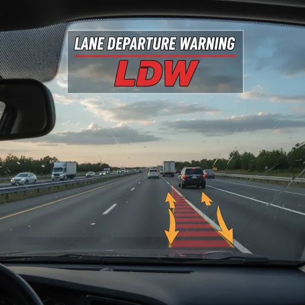 Dash cam view showing lane departure warning with road markings and vehicle in lane.