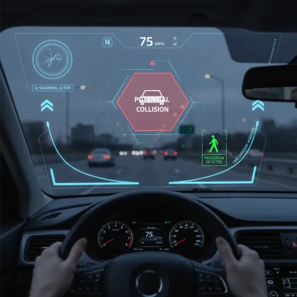 An AI-powered dash cam graphic overlaid on a car windshield, highlighting smart features like lane departure warning and forward collision alert, futuristic UI.