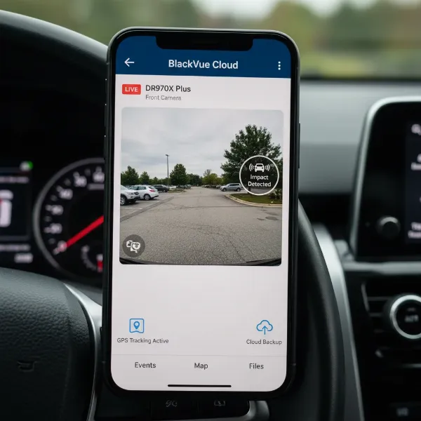 Smartphone screen displaying BlackVue Cloud app showing remote live view of parked car.