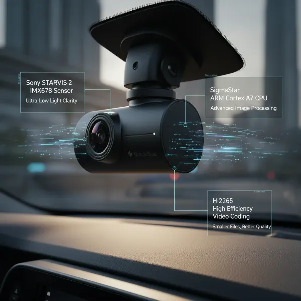 BlackVue DR970X Plus dash cam with highlighted internal components and technical features.