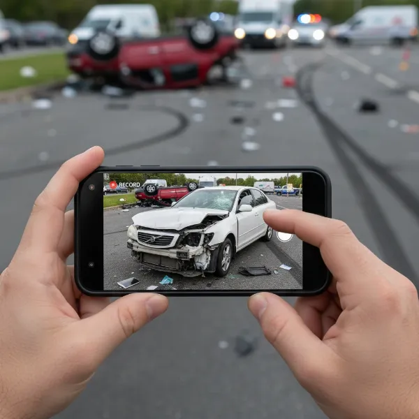 Person documenting car accident scene with phone, capturing vehicle damage and road conditions.