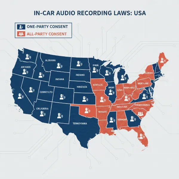 Illustration showing different U.S. states categorized by one-party and all-party consent laws for in-car audio recording.