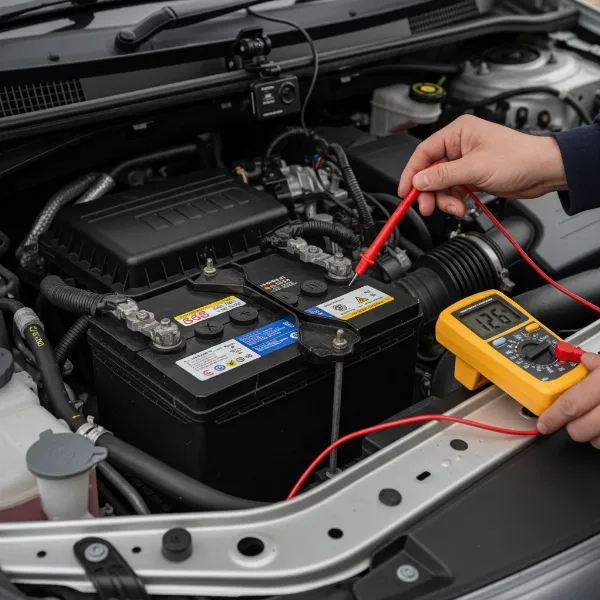 A visual representation of a car battery with a multimeter checking its voltage, highlighting the importance of battery health for dash cam parking mode.