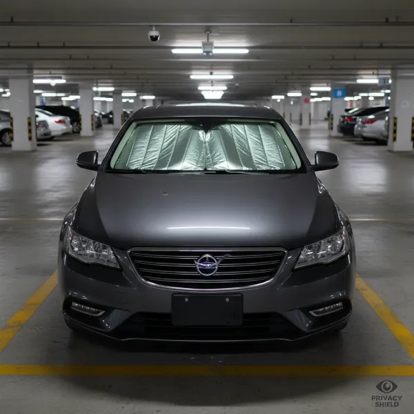 A car parked with a reflective windshield cover in place, obscuring visibility into the interior and any dash cam