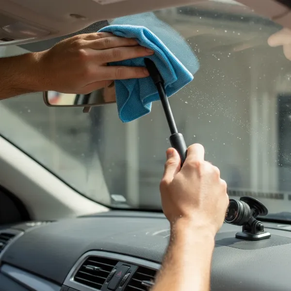 Person meticulously cleaning the interior of a car windshield to remove haze.