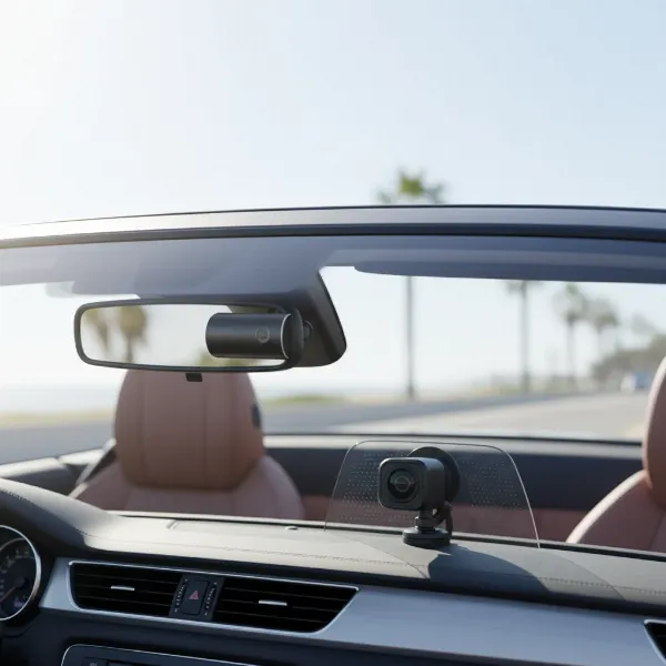 Dash cam mounted discreetly on a convertible windshield with rear cam on wind deflector