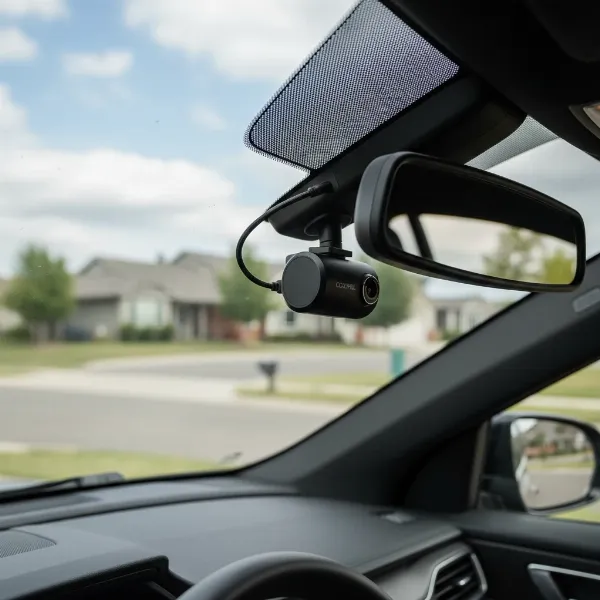 A close-up shot of the compact COXPAL A11T main dash cam unit, mounted subtly on a car windshield.