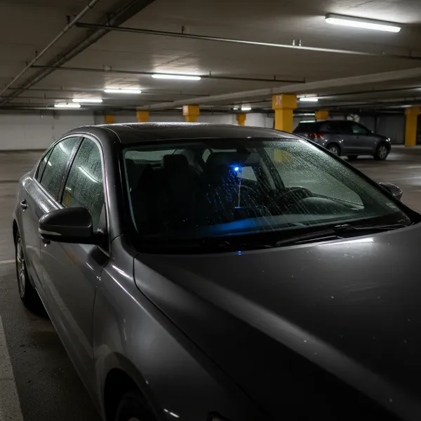 A car parked securely at night, illuminated by the subtle glow of a COXPAL A11T dash cam's parking mode, indicating active surveillance.