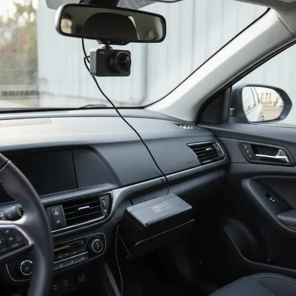 Dash cam connected to a dedicated external LiFePO4 battery pack for parking surveillance.