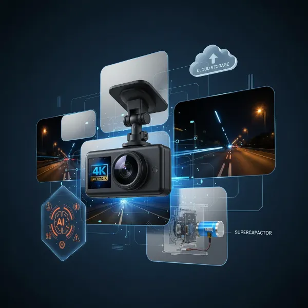 A collage illustrating key dash cam features for 2026: 4K video, night vision, cloud storage, AI alerts, and a supercapacitor for durability.