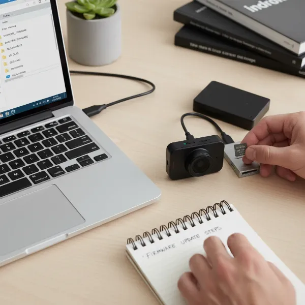 Hands performing essential preparations for a dash cam firmware update, including charging and formatting an SD card.