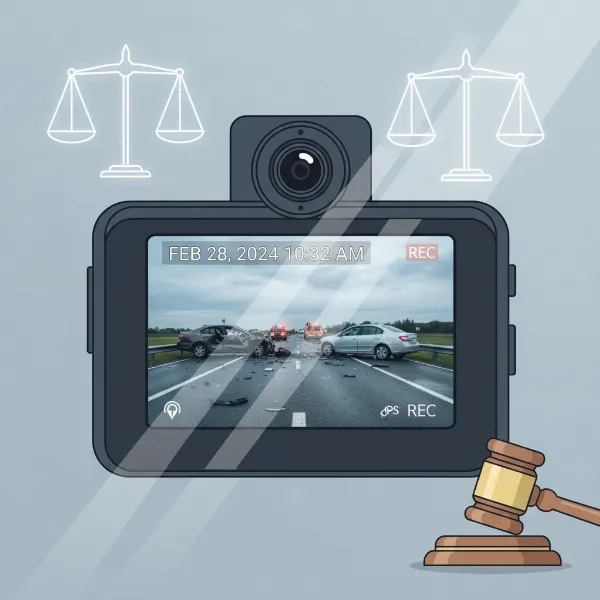 A dash cam recording an incident, with a legal scale superimposed, representing the balance of protection and potential legal risks.