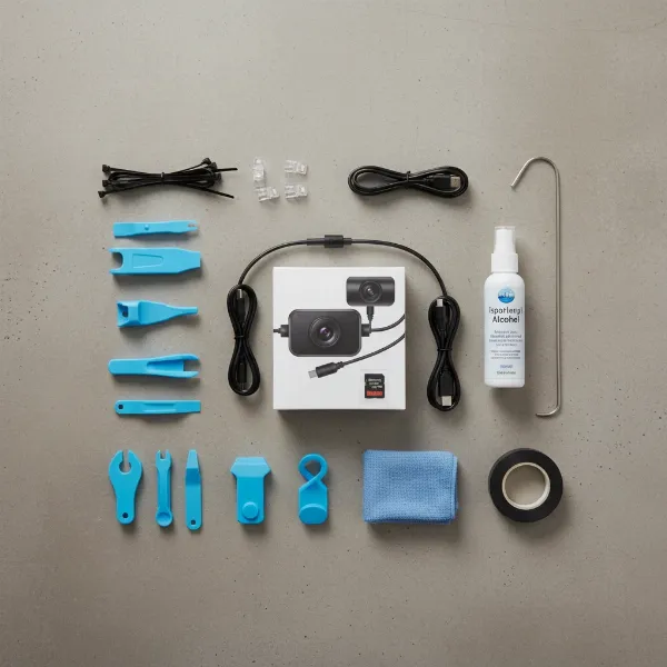 Essential tools for rear dash cam installation: trim removal tools, zip ties, fish wire, electrical tape.