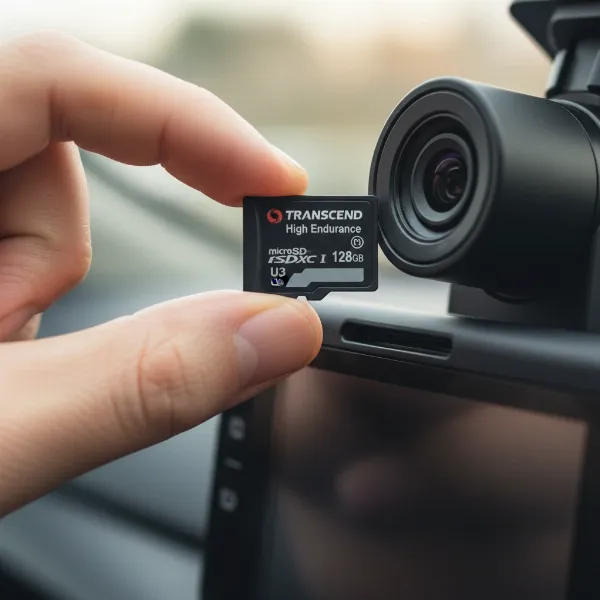 Close-up of a high-endurance microSD card for dash cams, emphasizing its durability for continuous recording.