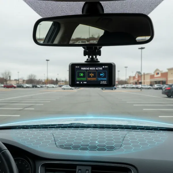 A dash cam actively monitoring a parked car using advanced parking mode features.