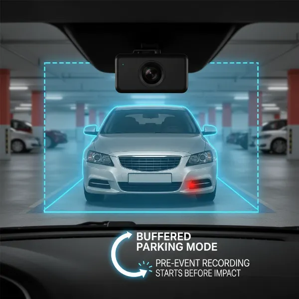 A dash cam monitoring a parked car with both buffered and non-buffered zones indicated, highlighting pre-event recording.