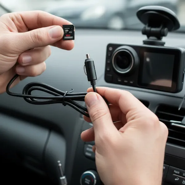 Hands inspecting a dash cam power cable and a microSD card, troubleshooting recording problems.