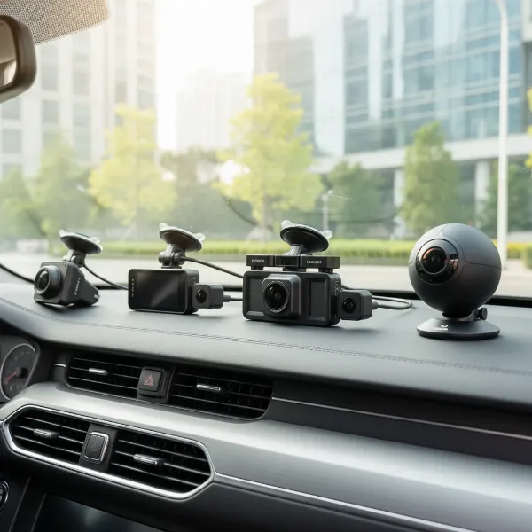 Various types of dash cams for cars including front, dual, triple, and 360-degree models in 2026, illustrating diverse coverage options.