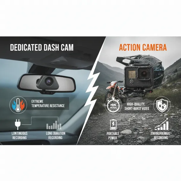 Visual comparison highlighting differences between a dash cam and an action camera.