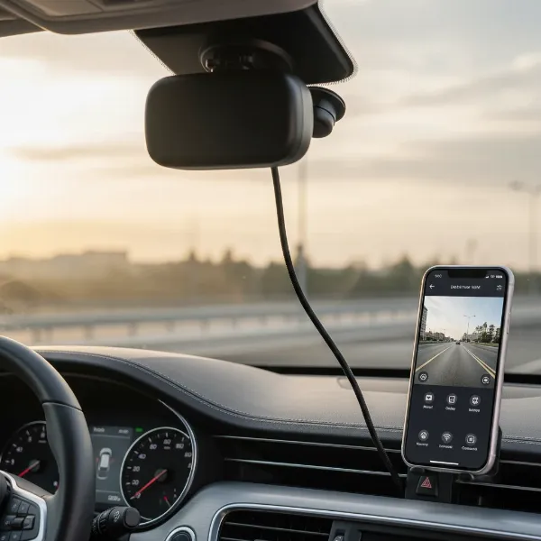 Modern dash cam with visible power cable, connected wirelessly to a smartphone.