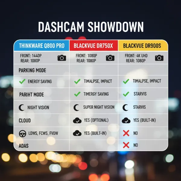 A graphic illustrating a comparison of key features between the Thinkware Q800 Pro and two other leading dash cam models