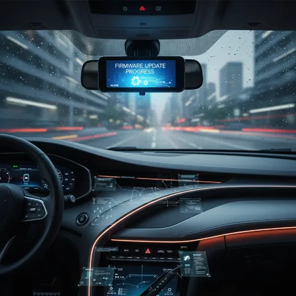 A dash cam screen displaying a firmware update in progress, symbolizing improved performance