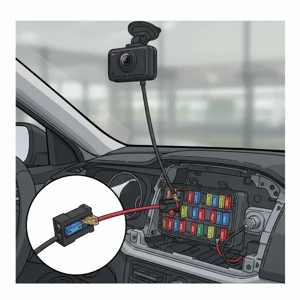 Dash cam hardwire kit connecting to a car's fuse box for continuous power.