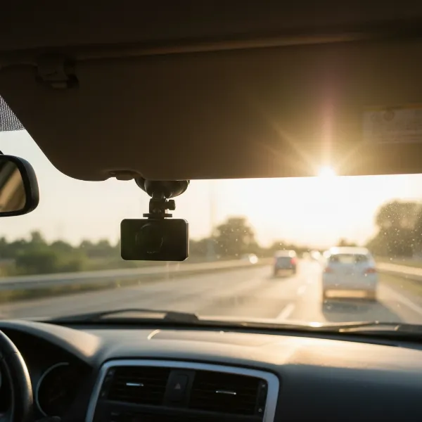 A dash cam partially shaded by a car's sun visor, illustrating protection from extreme heat