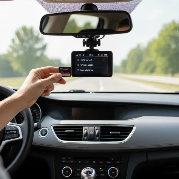 Driver performing proactive maintenance on a dash cam, ensuring its optimal function.