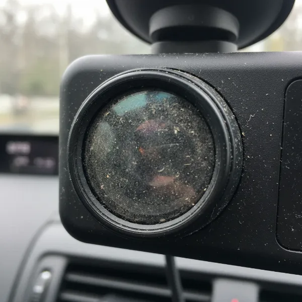 A close-up of a dash cam lens covered in dust and smudges, illustrating a common cause of blurry video.