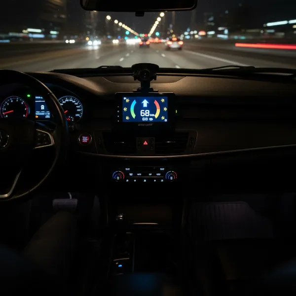 Escort MAXcam 360c dash cam and radar detector on a car dashboard at night, showing its directional arrows and clear OLED display.