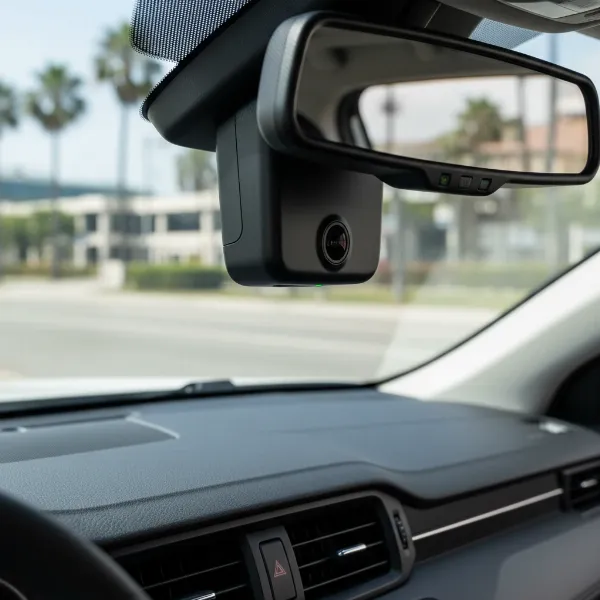 FitCamX dash cam seamlessly integrated behind a car's rearview mirror, illustrating its OEM look.
