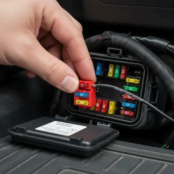 Hand inserting a fuse tap with two fuses into a car's fuse box, demonstrating proper hardwiring technique.