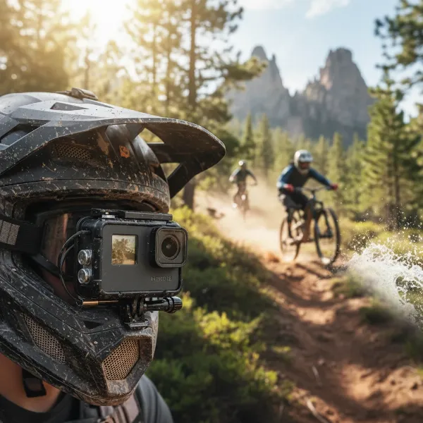 GoPro camera mounted on a helmet, capturing outdoor adventure footage.