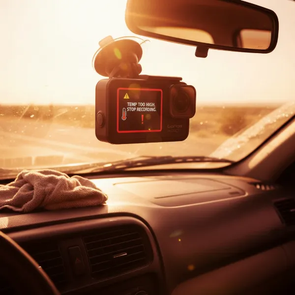 GoPro camera displaying an overheating warning inside a hot car.