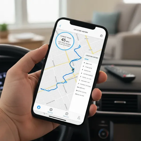 Smartphone screen displaying a map with a tracked vehicle route and speed data.