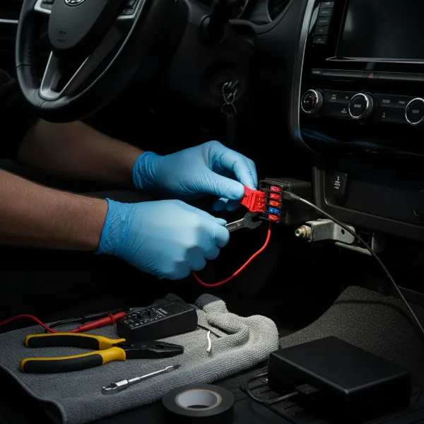 Hands connecting hardwire kit to car fuse box for dash cam backup battery charging.
