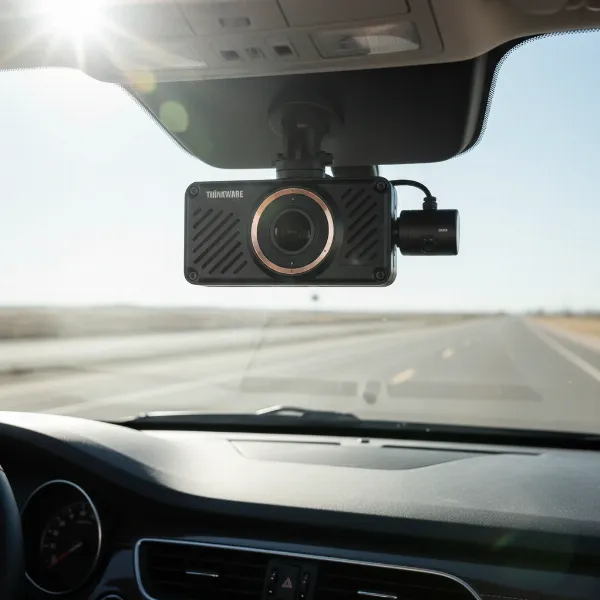 A sleek, modern heat-resistant Thinkware U3000 dash cam mounted on a car windshield, ready for hot weather