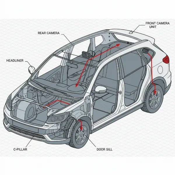 Diagram showing hidden cable routing for dash cam along car pillars and under trim.