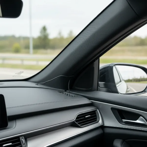A close-up shot showing how dash cam power cables are discreetly hidden along the car's A-pillar and headliner