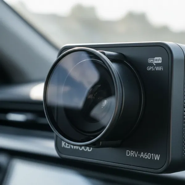 Close up of Kenwood DRV-A601W dash cam lens with polarizing filter for glare reduction
