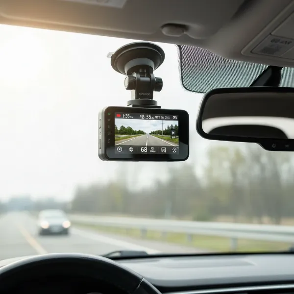 Kenwood DRV-A601W dash cam discreetly mounted on car windshield with suction cup