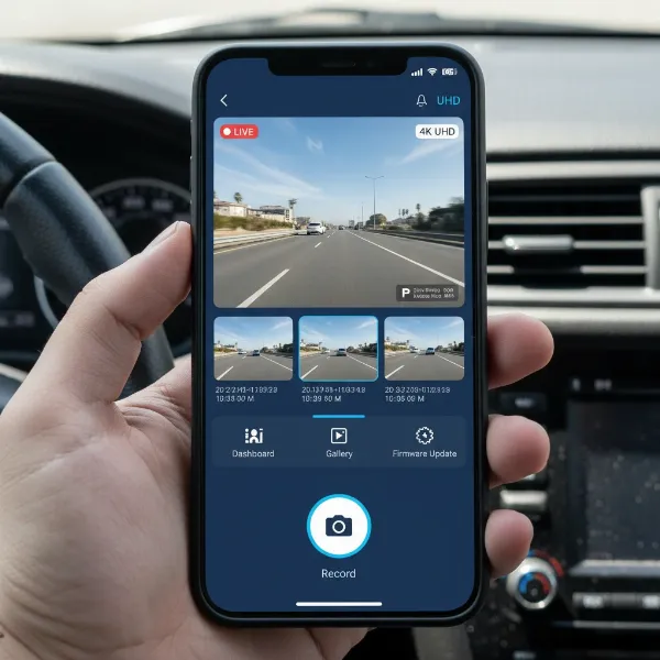 Smartphone screen displaying the intuitive Miofive 4K dash cam mobile app interface for video management.