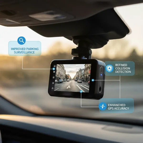 A sleek, modern dash cam displaying various enhanced features and improved performance.