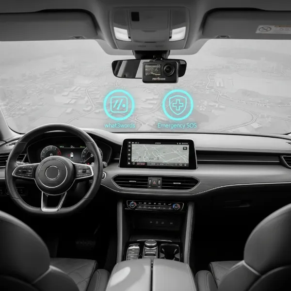 Illustrating the advanced safety features of the Nextbase 622GW, such as what3words and Emergency SOS functionality, shown as icons on a digital interface overlaid on a map.