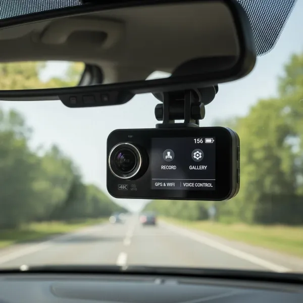 Nextbase 622GW dash cam showcasing its key features like 4K resolution, touch screen, and mount point on a vehicle dashboard.