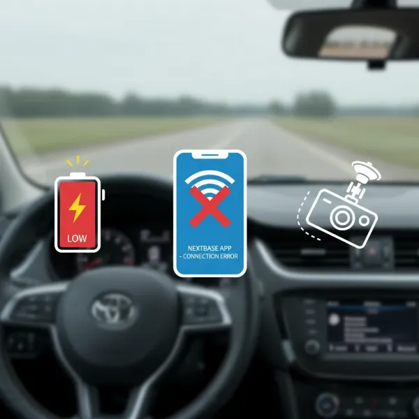 Visualizing common user experience points for the Nextbase 622GW, including a stylized battery icon with a 'low' indicator, a mobile phone showing a 'connection error' for the app, and a dash cam clip falling from a mount.